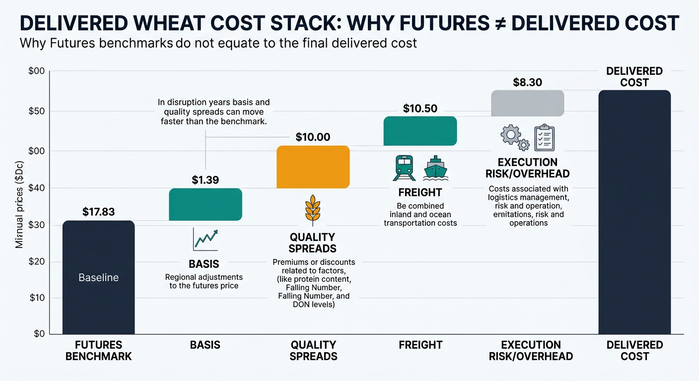 A waterfall chart showing delivered wheat cost built from a futures benchmark plus basis, quality spreads (protein/Falling Number/DON-related premiums/discounts), freight (inland and ocean), and execution risk/overhead, with callouts noting that in disruption years basis and quality spreads can move faster than the benchmark.