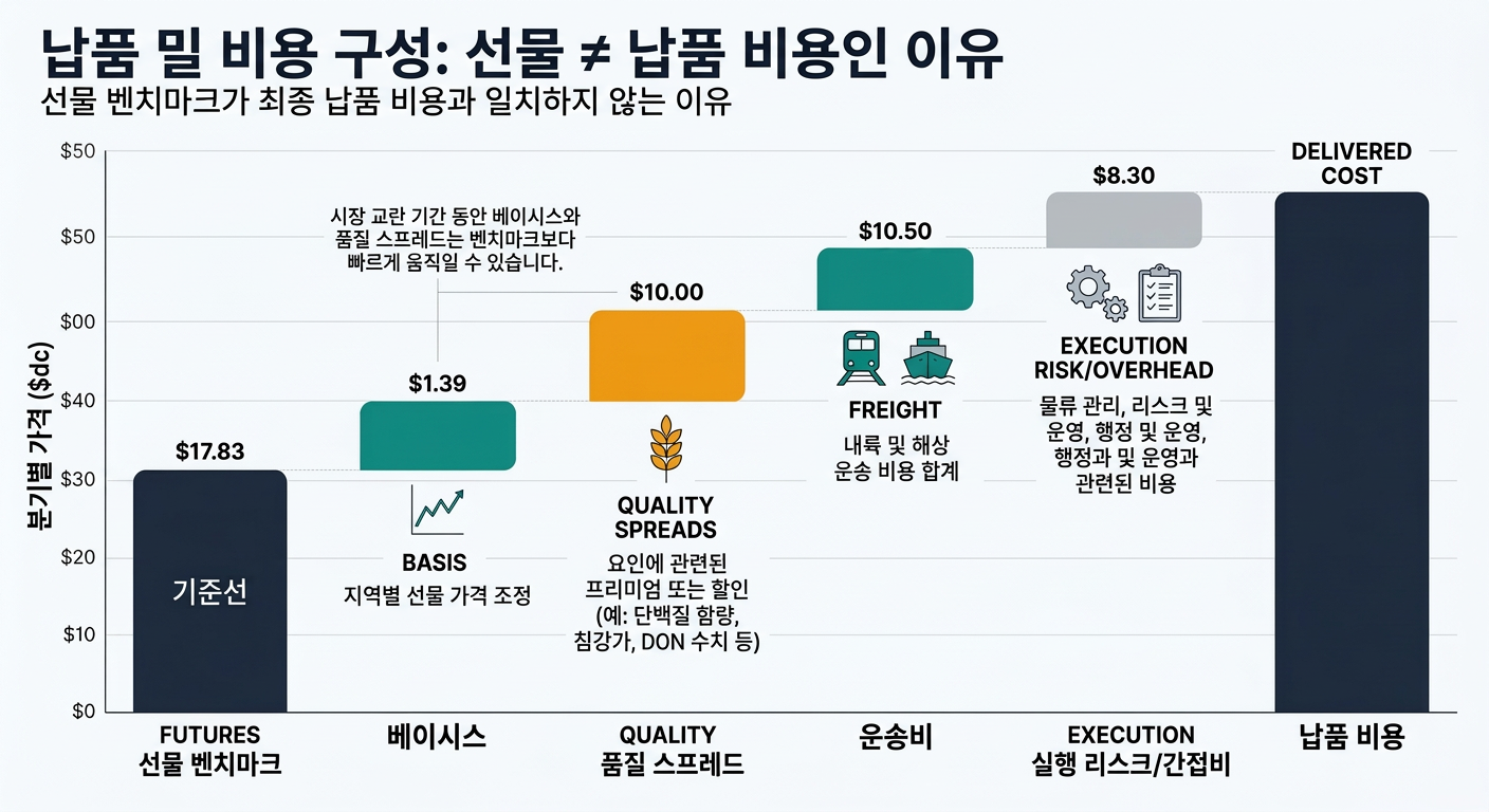 A waterfall chart showing delivered wheat cost built from a futures benchmark plus basis, quality spreads (protein/Falling Number/DON-related premiums/discounts), freight (inland and ocean), and execution risk/overhead, with callouts noting that in disruption years basis and quality spreads can move faster than the benchmark.