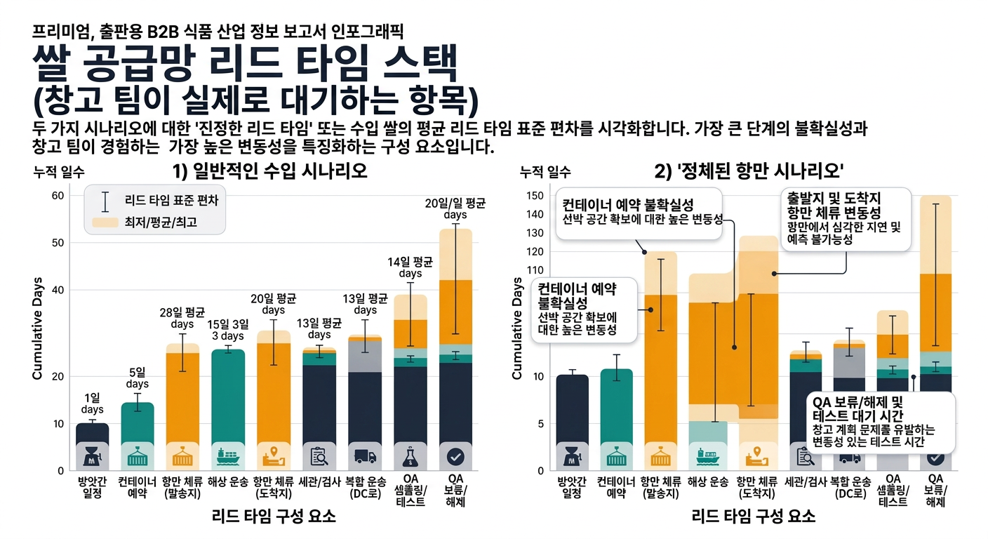 Stacked bar chart with annotated timeline showing the components of true lead time for imported rice (mill scheduling, container booking, origin port dwell, ocean transit, destination port dwell, customs/inspection, drayage to DC, QA sampling/testing, QA hold/release) across typical, congested port, and policy shock allocation scenarios, with variance bands and callouts highlighting uncertainty in port dwell, booking, and QA hold.
