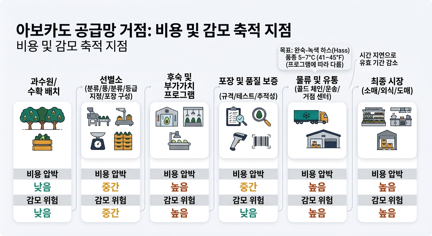 A left-to-right supply chain diagram showing the six nodes described in Section 2 (Orchard/Harvest Lot; Packinghouse sorting/grading/carton build; Ripening & value-added programs; Packaging & QA specs/testing/traceability; Logistics & distribution cold chain/transit/gateways; End markets retail/foodservice/wholesale), with cost pressure and shrink risk bands for each node, plus a logistics temperature callout targeting ~5–7°C (41–45°F) for mature-green Hass and a note that time delays increase effective age.