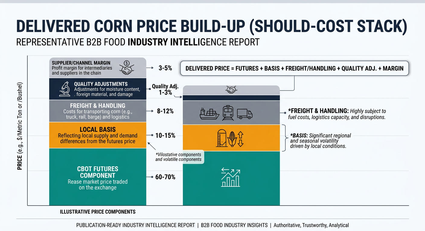 A stacked bar chart showing a representative delivered corn price broken into CBOT futures, local basis, freight/handling, quality adjustments, and supplier/channel margin, with a formula callout 'Delivered Price = Futures + Basis + Freight/Handling + Quality Adj. + Margin' and annotations noting basis and freight are the most volatile local components.