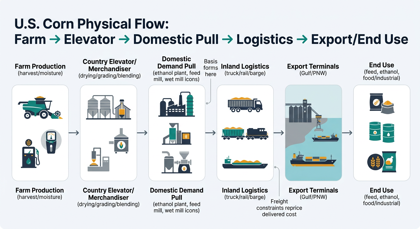 A left-to-right flow diagram showing U.S. corn physical flow from farm production to country elevator/merchandiser, domestic demand pull (ethanol/feed/wet mill), inland logistics (truck/rail/barge), export terminals (Gulf/PNW), and end use (feed, ethanol, food/industrial), with callouts indicating where basis forms and where freight constraints reprice delivered cost.