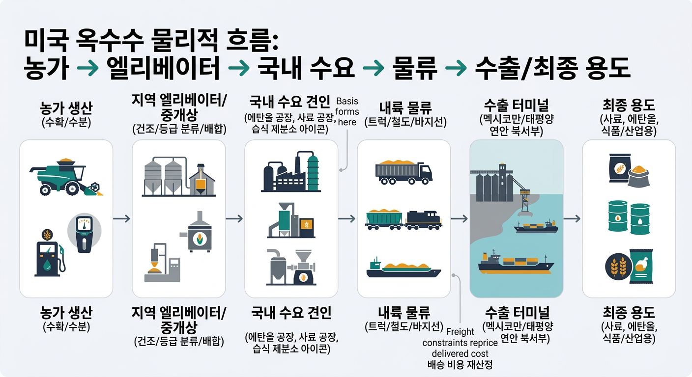 A left-to-right flow diagram showing U.S. corn physical flow from farm production to country elevator/merchandiser, domestic demand pull (ethanol/feed/wet mill), inland logistics (truck/rail/barge), export terminals (Gulf/PNW), and end use (feed, ethanol, food/industrial), with callouts indicating where basis forms and where freight constraints reprice delivered cost.