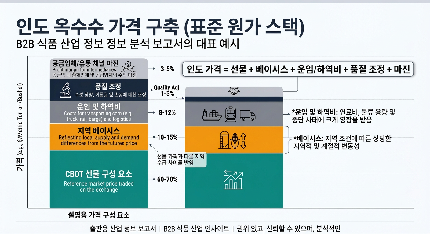 A stacked bar chart showing a representative delivered corn price broken into CBOT futures, local basis, freight/handling, quality adjustments, and supplier/channel margin, with a formula callout 'Delivered Price = Futures + Basis + Freight/Handling + Quality Adj. + Margin' and annotations noting basis and freight are the most volatile local components.