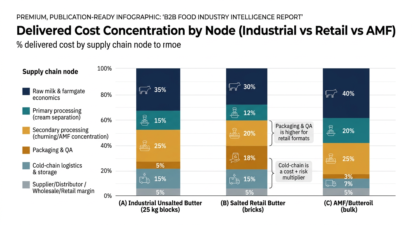 A three-bar stacked chart comparing % of delivered cost by supply chain node for: (A) Industrial Unsalted Butter (25 kg blocks), (B) Salted Retail Butter (bricks), (C) AMF/Butteroil (bulk). Use the exact node labels from the tables: Raw milk & farmgate economics; Primary processing (cream separation); Secondary processing (churning/AMF concentration); Packaging & QA; Cold-chain logistics & storage (or Logistics & storage for AMF); Supplier/Distributor margin (or Wholesale/Retail margin for retail). Display the percentages shown in the article tables and include a legend. Add a small annotation callout on the retail bar emphasizing 