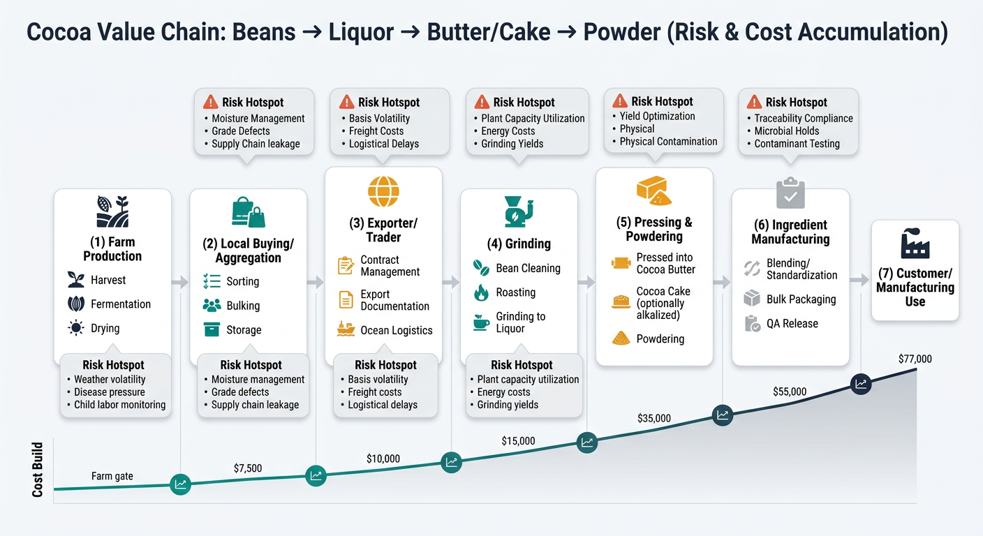 A process flow showing the end-to-end cocoa transformation from farm production through aggregation, exporter/trader logistics, grinding, pressing and powdering, ingredient manufacturing, and customer use, with overlays indicating stepwise cost build and risk hotspot callouts at farm, aggregation, trading/logistics, grinding/pressing, and QA/compliance.