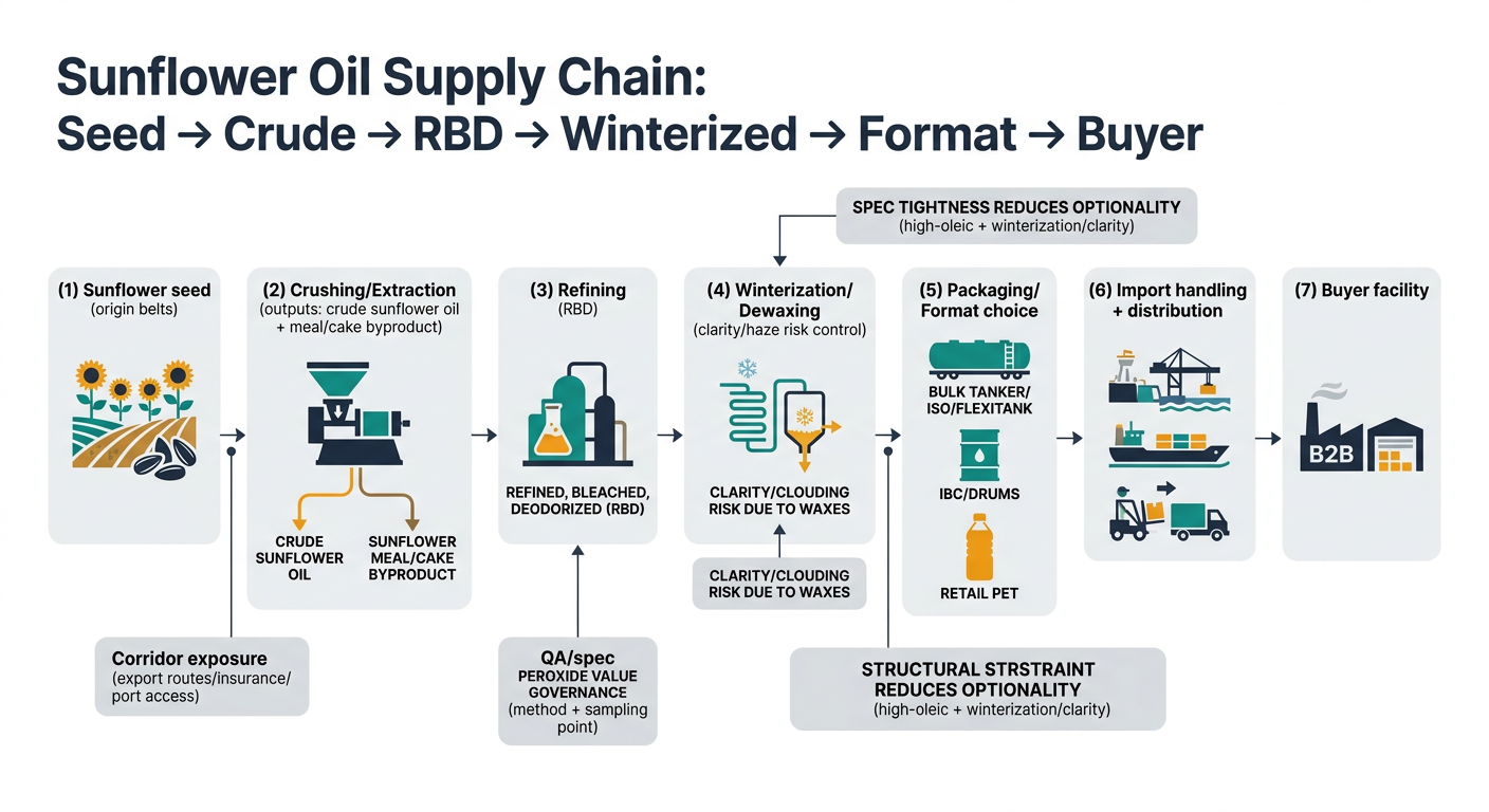 A left-to-right process flow showing the physical and commercial nodes that determine procurement outcomes: (1) Sunflower seed (origin belts) → (2) Crushing/Extraction (outputs: crude sunflower oil + meal/cake byproduct) → (3) Refining (RBD) → (4) Winterization/Dewaxing (clarity/haze risk control) → (5) Packaging/Format choice (bulk tanker/ISO/flexitank vs IBC/drums vs retail PET) → (6) Import handling + distribution → (7) Buyer facility. Includes callouts on corridor exposure and spec tightness reducing optionality, plus QA/spec callouts on peroxide value governance and clarity/clouding risk due to waxes.