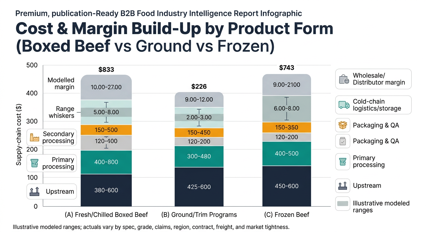 A stacked bar chart comparing cost and margin build-up across three product forms—fresh/chilled boxed beef, ground/trim programs, and frozen beef—segmented into upstream, primary processing, secondary processing, packaging & QA, cold-chain logistics/storage, and wholesale/distributor margin, using illustrative modeled ranges and noting actuals vary by spec, grade, claims, region, contract, freight, and market tightness.