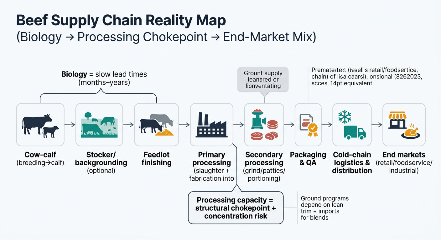 A left-to-right flow diagram showing the beef value chain with 8 labeled nodes from cow-calf through end markets, with callouts for slow biology-driven lead times across nodes 1–3, processing capacity as a structural chokepoint and concentration risk at node 4, and a note that ground programs depend on lean trim and imports for blends at node 5.