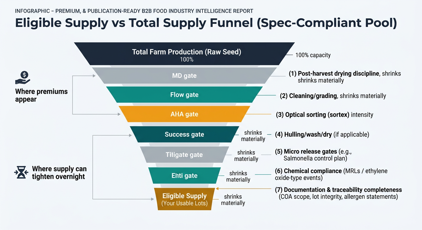 A funnel chart showing total farm production narrowing through post-harvest drying discipline, cleaning/grading, optical sorting (sortex), hulling/wash/dry, micro release gates, chemical compliance (MRLs/ethylene oxide-type events), and documentation/traceability completeness to reach eligible supply (usable lots), with callouts for where premiums appear and where supply can tighten overnight.