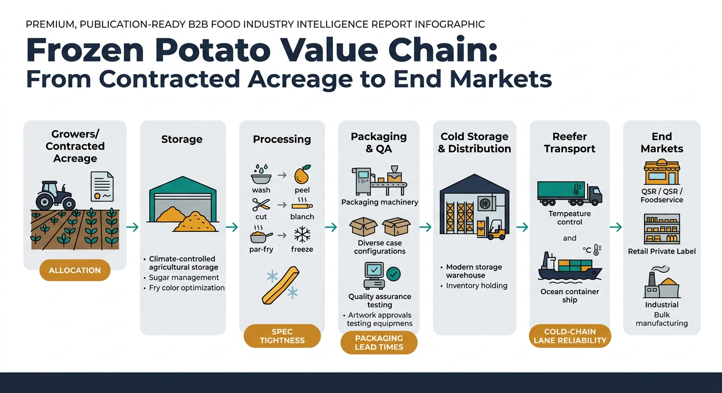 A value chain flowchart showing frozen potato from growers/contracted acreage through storage (sugar management/fry color), processing (wash/peel/cut → blanch → par-fry → freeze), packaging & QA, cold storage & distribution, reefer transport, and end markets (QSR/foodservice, retail private label, industrial), with callouts for allocation, spec tightness, packaging lead times, and cold-chain lane reliability.