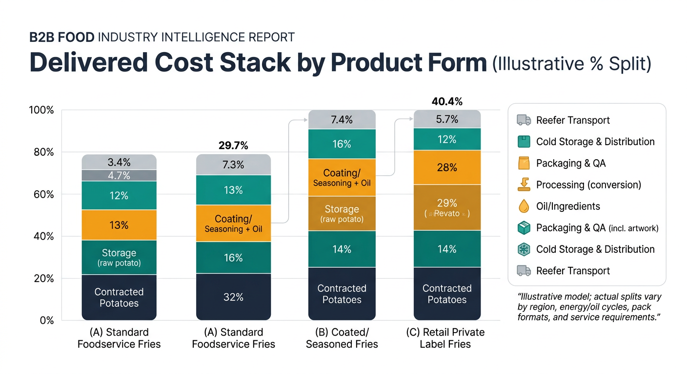 A stacked bar chart showing illustrative delivered cost percentage splits for (A) Standard Foodservice Fries, (B) Coated/Seasoned Fries, and (C) Retail Private Label Fries, divided into seven labeled segments matching the tables: Contracted Potatoes (raw), Storage (raw potato), Processing (conversion), Oil/Ingredients (or Coating/Seasoning + Oil for B), Packaging & QA (incl. artwork for C), Cold Storage & Distribution, and Reefer Transport, with a legend and note that actual splits vary by region, energy/oil cycles, pack formats, and service requirements.