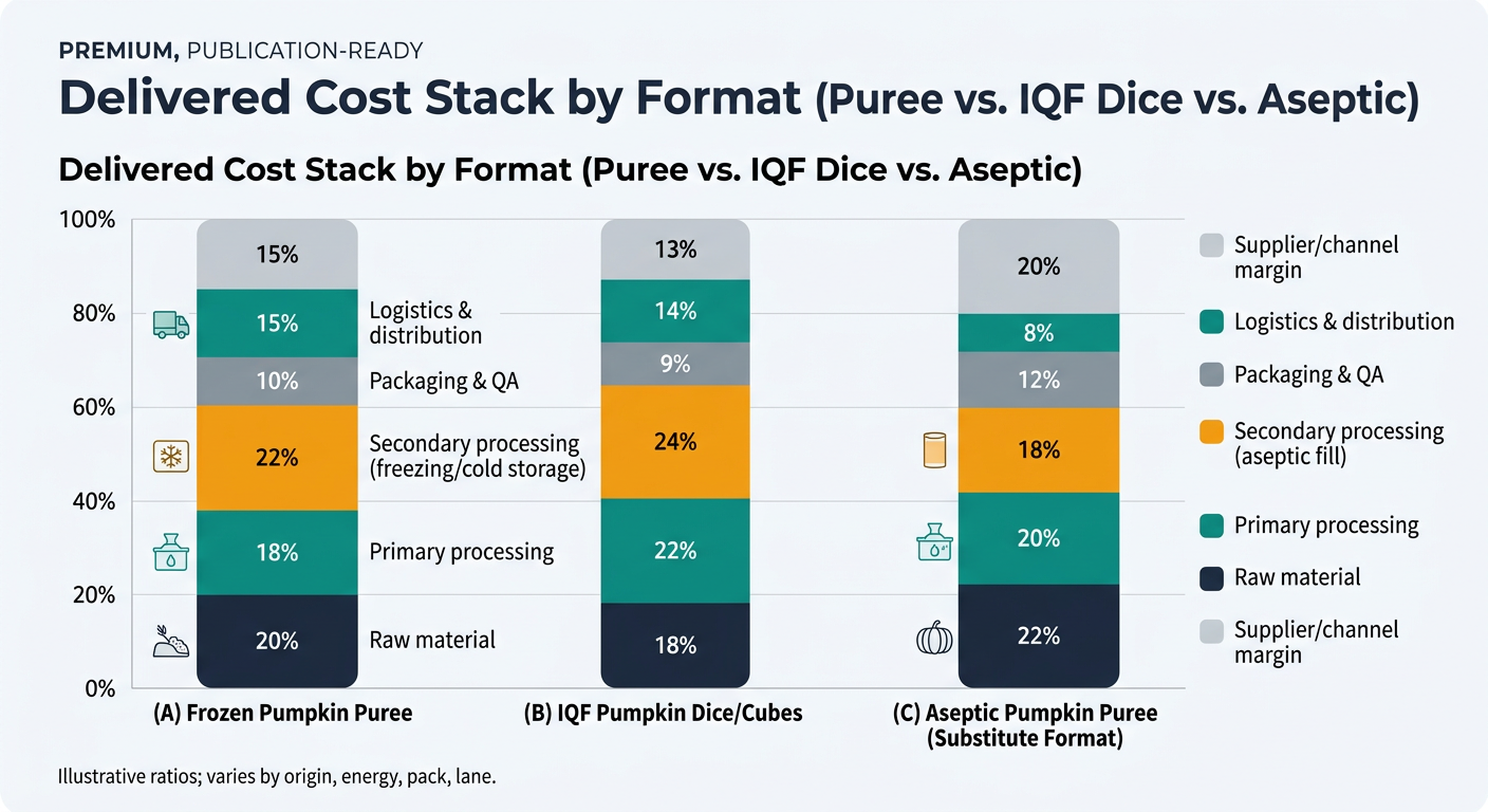 A three-bar 100% stacked bar chart comparing delivered cost composition for frozen pumpkin puree, IQF pumpkin dice/cubes, and aseptic pumpkin puree, with segments for raw material, primary processing, secondary processing, packaging & QA, logistics & distribution, and supplier/channel margin labeled with the article’s illustrative percentage ratios and a note that ratios vary by origin, energy, pack, and lane.