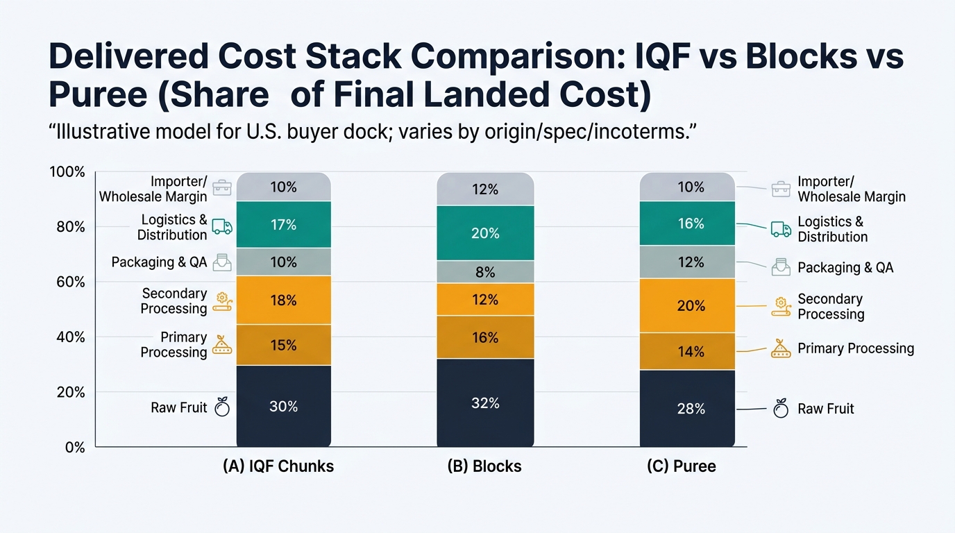 100% stacked bar chart comparing delivered cost stack shares for (A) IQF mango chunks, (B) frozen mango blocks, and (C) frozen mango puree, segmented by Raw Fruit, Primary Processing, Secondary Processing, Packaging & QA, Logistics & Distribution, and Importer/Wholesale Margin, using the illustrative ratios and noting the model varies by origin/spec/incoterms.