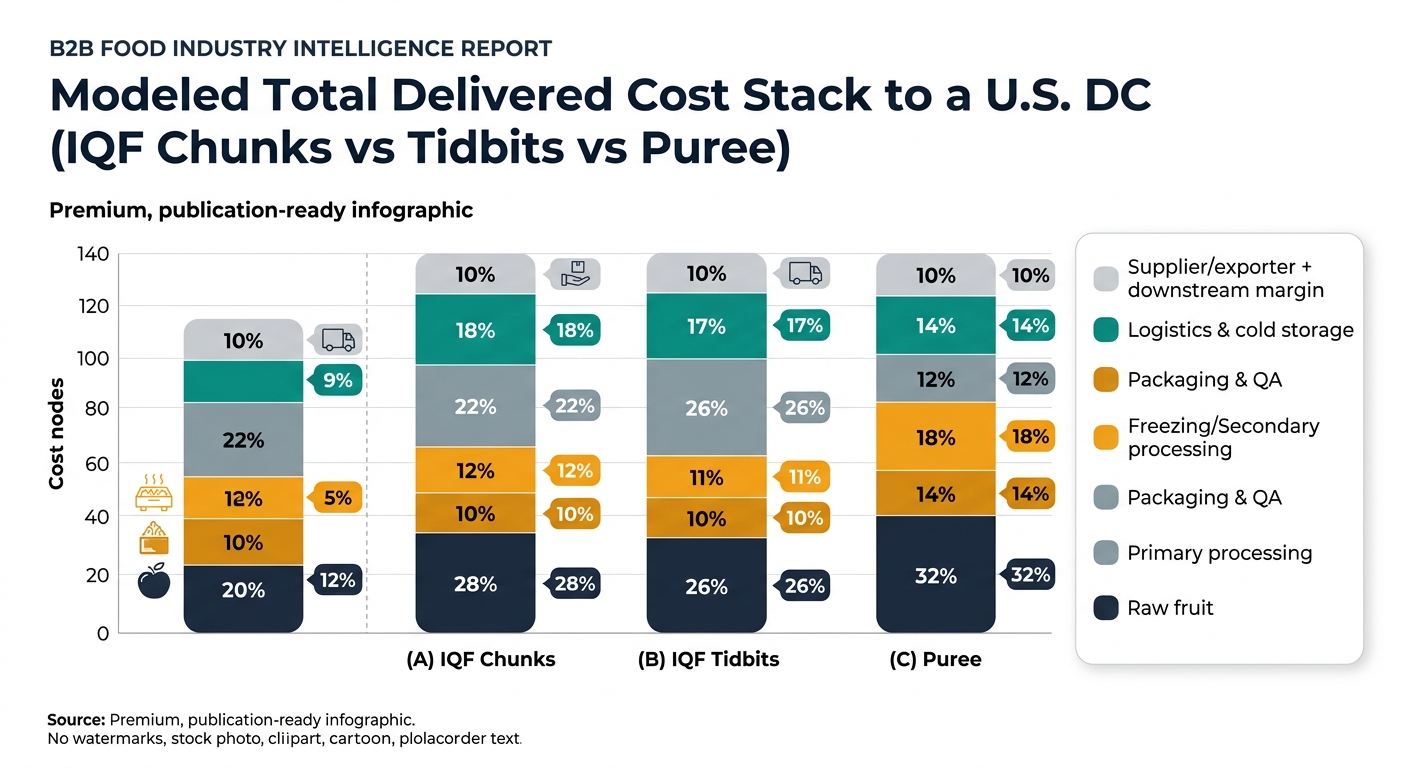 A stacked bar chart with three bars (A) IQF Chunks, (B) IQF Tidbits, (C) Puree. Each bar segmented by the same cost nodes used in the article tables: Raw fruit, Primary processing, Freezing/Secondary processing, Packaging & QA, Logistics & cold storage, Supplier/exporter + downstream margin. Use the exact illustrative percentages shown: Chunks (28/22/12/10/18/10), Tidbits (26/26/11/10/17/10), Puree (32/14/18/12/14/10). Include a clear legend, and a footnote label 'Illustrative modeled split; varies by origin/spec/terms' to match the article tone. Keep styling clean and data-forward; no product UI elements.
