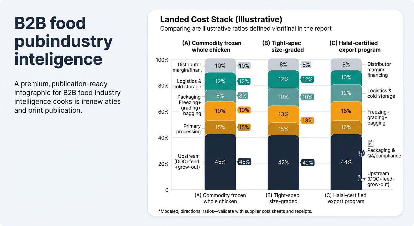 A three-column stacked bar chart comparing landed cost ratios for commodity, tight-spec size-graded, and Halal-certified frozen whole chicken programs, segmented by upstream, primary processing, freezing/grading/bagging, packaging and QA/compliance, logistics and cold storage, and distributor margin/financing, using the article’s illustrative percentages and noting the ratios are modeled and directional.