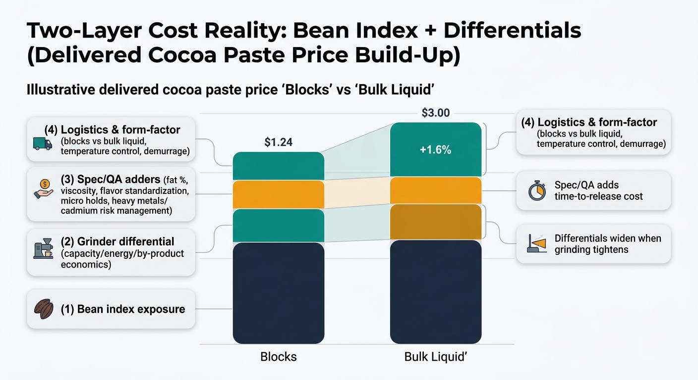 Stacked chart illustrating delivered cocoa paste price build-up: bean index exposure, grinder differential, spec/QA adders, and logistics/form-factor, with side-by-side comparison of blocks vs bulk liquid and callouts on widening differentials and time-to-release cost.