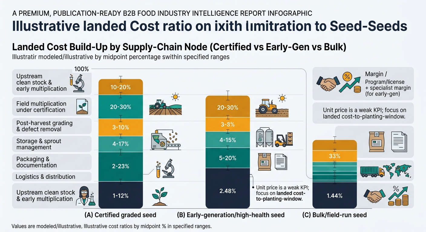 A three-column stacked bar chart comparing illustrative landed cost build-up ratios for (A) Certified graded seed, (B) Early-generation/high-health seed, and (C) Bulk/field-run seed, stacking the same supply-chain nodes with consistent colors and labeled as modeled/illustrative, with a callout that unit price is a weak KPI and focus should be on landed cost-to-planting-window.