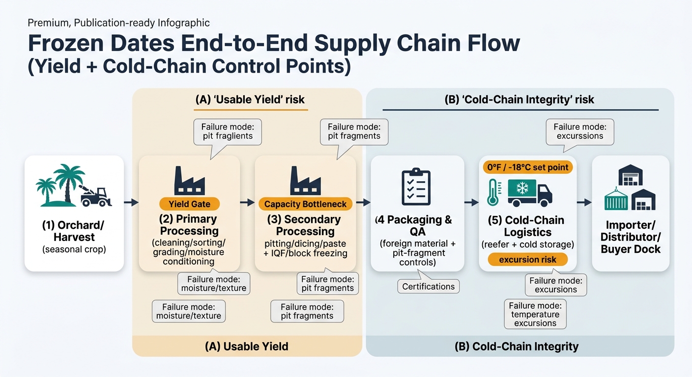 A left-to-right (or top-to-bottom) process flow showing the typical frozen-date journey with clearly labeled stages: (1) Orchard/Harvest (seasonal crop) → (2) Primary Processing (cleaning/sorting/grading/moisture conditioning; highlight 'Yield Gate') → (3) Secondary Processing (pitting/dicing/paste + IQF/block freezing; highlight 'Capacity Bottleneck') → (4) Packaging & QA (foreign material + pit-fragment controls; certifications callout) → (5) Cold-Chain Logistics (reefer + cold storage; highlight '0°F / -18°C set point' and 'excursion risk') → (6) Importer/Distributor/Buyer Dock, with overlays for 'Usable Yield' risk at primary and secondary processing and 'Cold-Chain Integrity' risk from post-freeze through delivery, using procurement-friendly icons and callouts for pit fragments, moisture/texture, and temperature excursions.