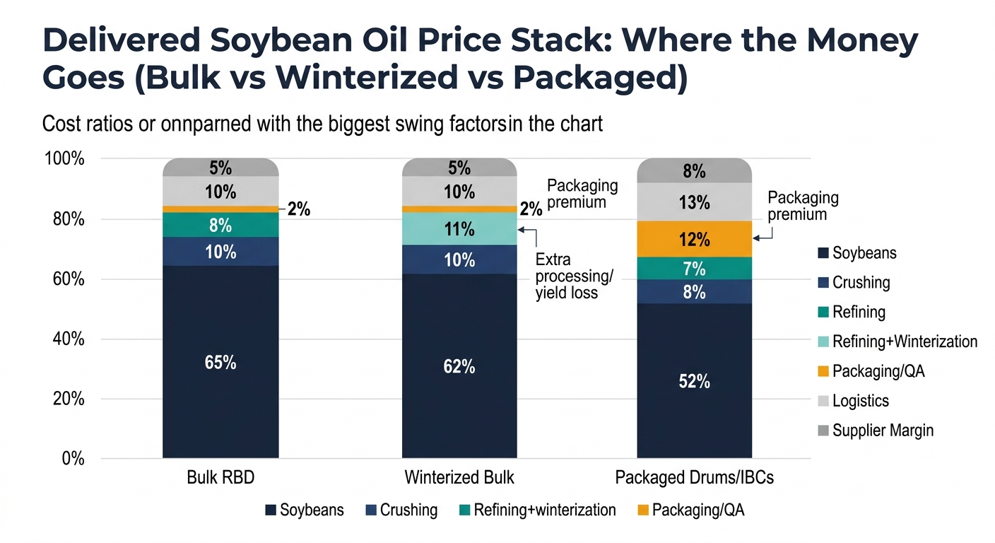 A stacked bar chart comparing delivered cost ratios for three product forms. Bar A (Bulk RBD): Soybeans 65%, Crushing 10%, Refining 8%, Packaging/QA 2%, Logistics 10%, Supplier margin 5%. Bar B (Winterized bulk): Soybeans 62%, Crushing 10%, Refining+winterization 11%, Packaging/QA 2%, Logistics 10%, Supplier margin 5%. Bar C (Packaged drums/IBCs): Soybeans 52%, Crushing 8%, Refining 7%, Packaging/QA 12%, Logistics 13%, Supplier margin 8%. Includes annotations highlighting biggest swing factors: Packaging premium (C) and Extra processing/yield loss (B).