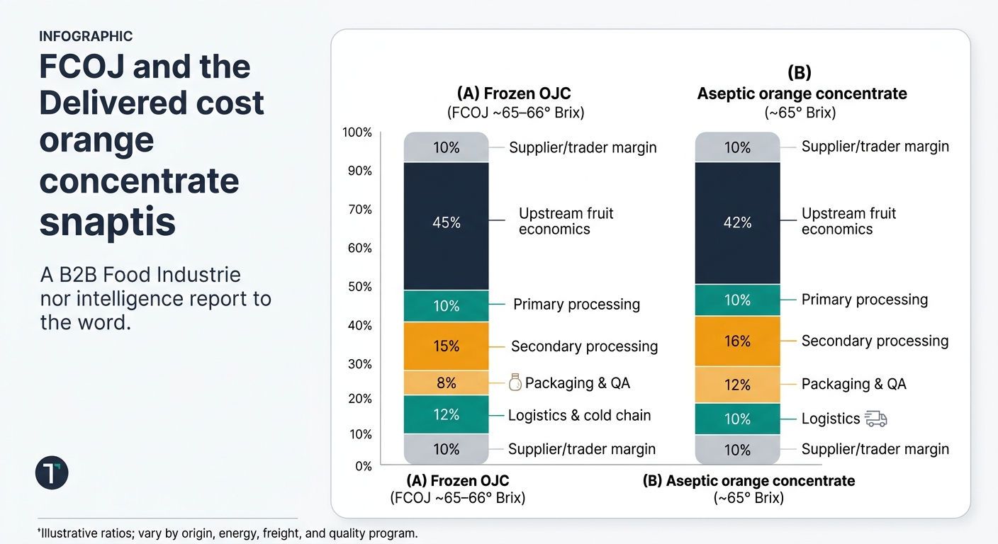Two 100% stacked bars comparing delivered cost ratios for Frozen OJC (FCOJ ~65–66° Brix) and Aseptic orange concentrate (~65° Brix), with segments labeled for Upstream fruit economics, Primary processing, Secondary processing, Packaging & QA, Logistics & cold chain (or Logistics for aseptic), and Supplier/trader margin using the illustrative percentages shown, plus a footnote noting ratios vary by origin, energy, freight, and quality program.