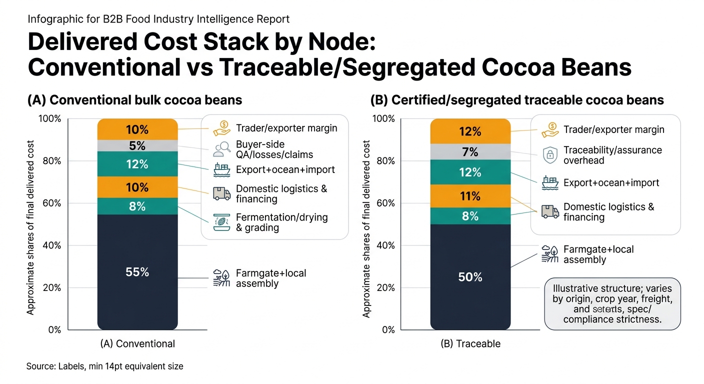 Two side-by-side 100% stacked bars comparing illustrative shares of final delivered cost by node for conventional bulk cocoa beans versus certified/segregated traceable cocoa beans, using the article’s node percentages, with a legend and a callout noting the structure is illustrative and varies by origin, crop year, freight, and spec/compliance strictness.