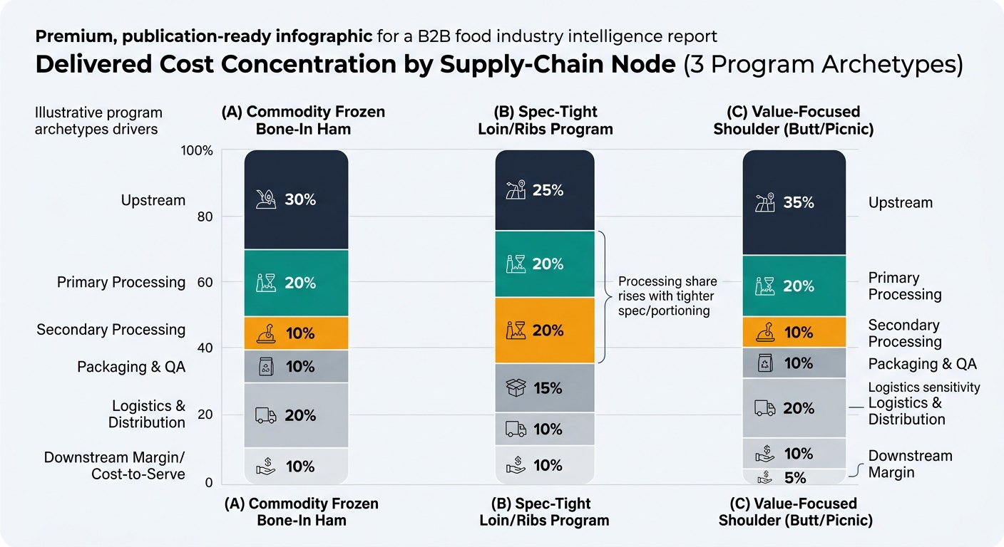 Grouped stacked bar chart showing delivered cost concentration by supply-chain node for three programs: (A) Commodity Frozen Bone-In Ham, (B) Spec-Tight Loin/Ribs Program, and (C) Value-Focused Shoulder (Butt/Picnic). Each bar is segmented into Upstream, Primary Processing, Secondary Processing, Packaging & QA, Logistics & Distribution, and Downstream Margin/Cost-to-Serve, with annotations noting higher logistics sensitivity on low value density cuts and higher processing share with tighter spec/portioning.