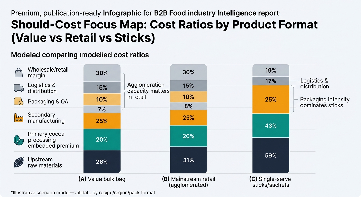 A three-bar stacked chart comparing modeled cost ratios for value bulk bag, mainstream retail (agglomerated), and single-serve sticks/sachets, using the exact percentages from the tables and consistent colors for upstream raw materials, primary cocoa processing premium, secondary manufacturing, packaging & QA, logistics & distribution, and wholesale/retail margin, with callouts noting packaging intensity dominates sticks and agglomeration capacity matters in retail, plus a footnote that it is an illustrative scenario model to validate by recipe/region/pack format.