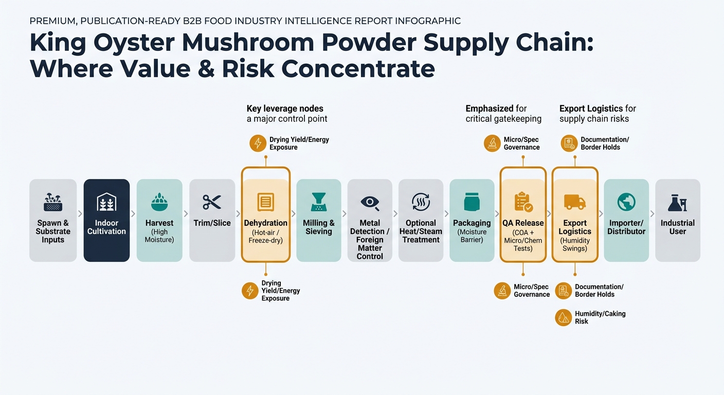 A left-to-right supply chain diagram for king oyster mushroom powder showing stages from spawn/substrate inputs through cultivation, harvest, trimming/slicing, dehydration (hot-air or freeze-dry), milling/sieving, metal detection, optional heat/steam treatment, packaging, QA release, export logistics, importer/distributor, and industrial user. The diagram highlights dehydration, QA release, and cross-border logistics as key value/risk control points with callouts for drying yield/energy exposure, micro/spec governance, documentation/border holds, and humidity/caking risk.