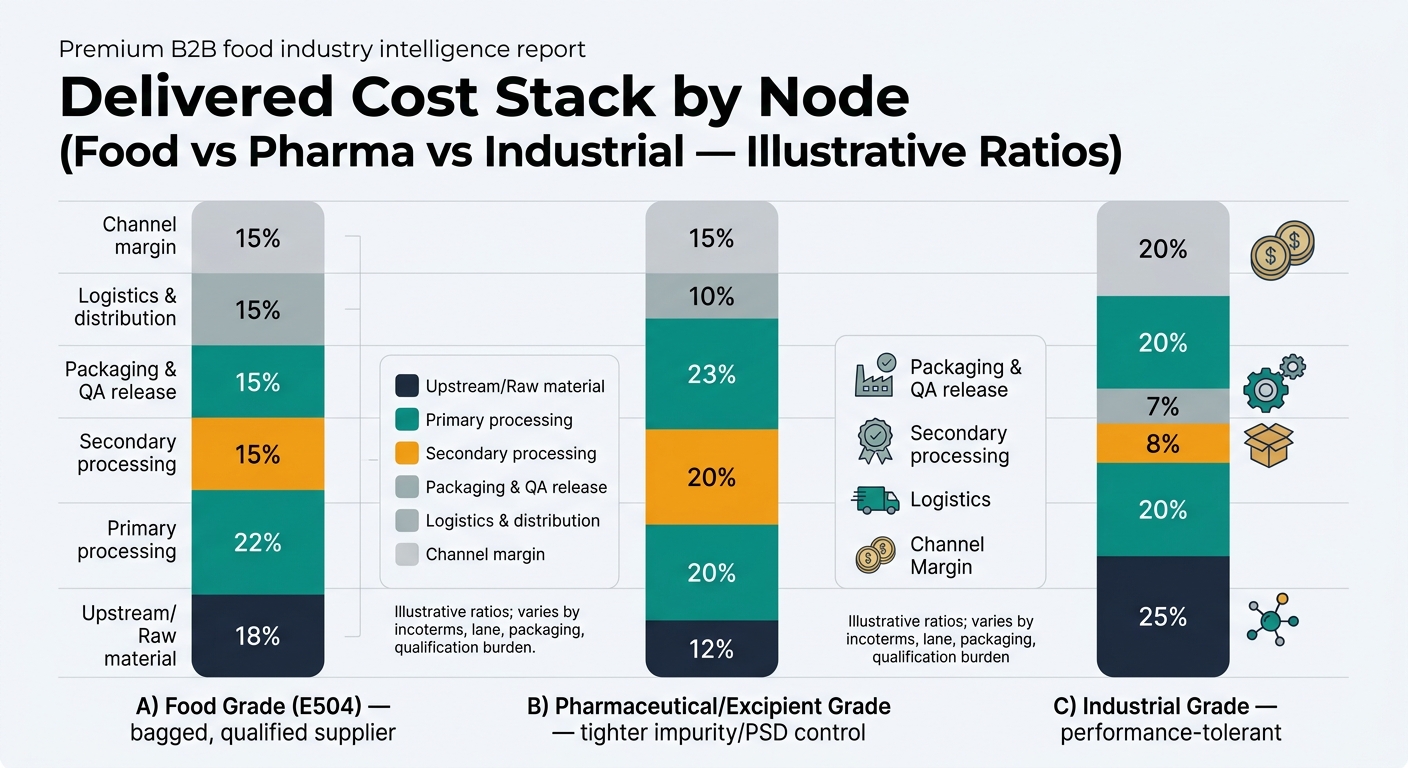 A stacked bar chart comparing delivered cost stack by node across three grades: Food Grade (E504), Pharmaceutical/Excipient Grade, and Industrial Grade. Each bar is segmented into Upstream/Raw material, Primary processing, Secondary processing, Packaging & QA release, Logistics & distribution, and Channel margin, using the illustrative percentages from the tables, with a legend and a footnote noting ratios vary by incoterms, lane, packaging, and qualification burden.