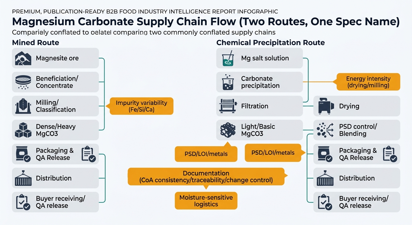 A procurement-oriented flowchart contrasting two magnesium carbonate supply chains side-by-side: mined route (Magnesite ore → Beneficiation/Concentrate → Milling/Classification → Dense/Heavy MgCO3 → Packaging & QA Release → Distribution → Buyer receiving/QA release) and chemical precipitation route (Mg salt solution → Carbonate precipitation → Filtration → Drying → Light/Basic MgCO3 → PSD control/Blending → Packaging & QA Release → Distribution → Buyer receiving/QA release), with callouts for impurity variability, energy intensity, PSD/LOI/metals, documentation, and moisture-sensitive logistics.