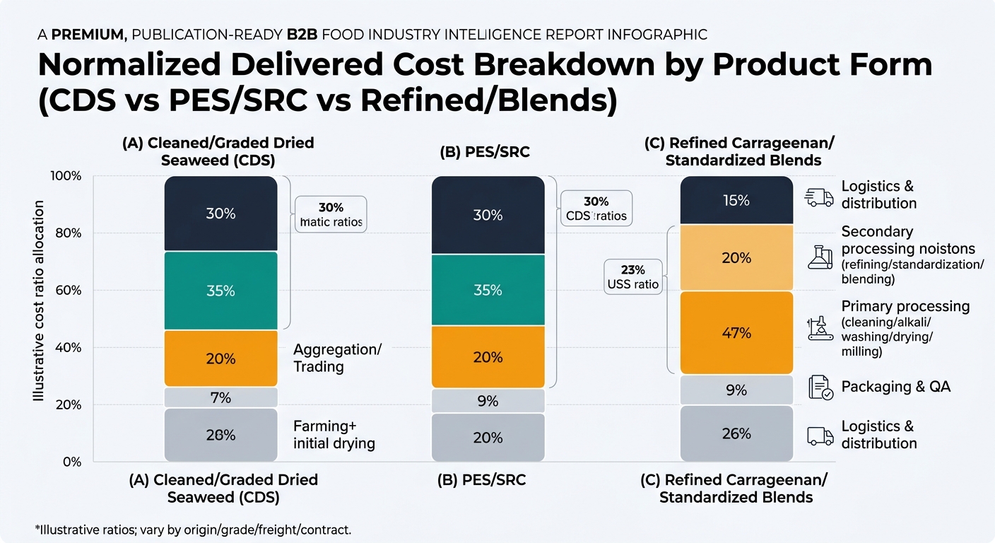 A 3-bar 100% stacked bar chart comparing normalized delivered cost ratios across supply chain nodes for CDS, PES/SRC, and Refined/Blends, with consistent colors per node and segment labels (e.g., 30%, 35%) plus a footnote that ratios are illustrative and vary by origin, grade, freight, and contract.
