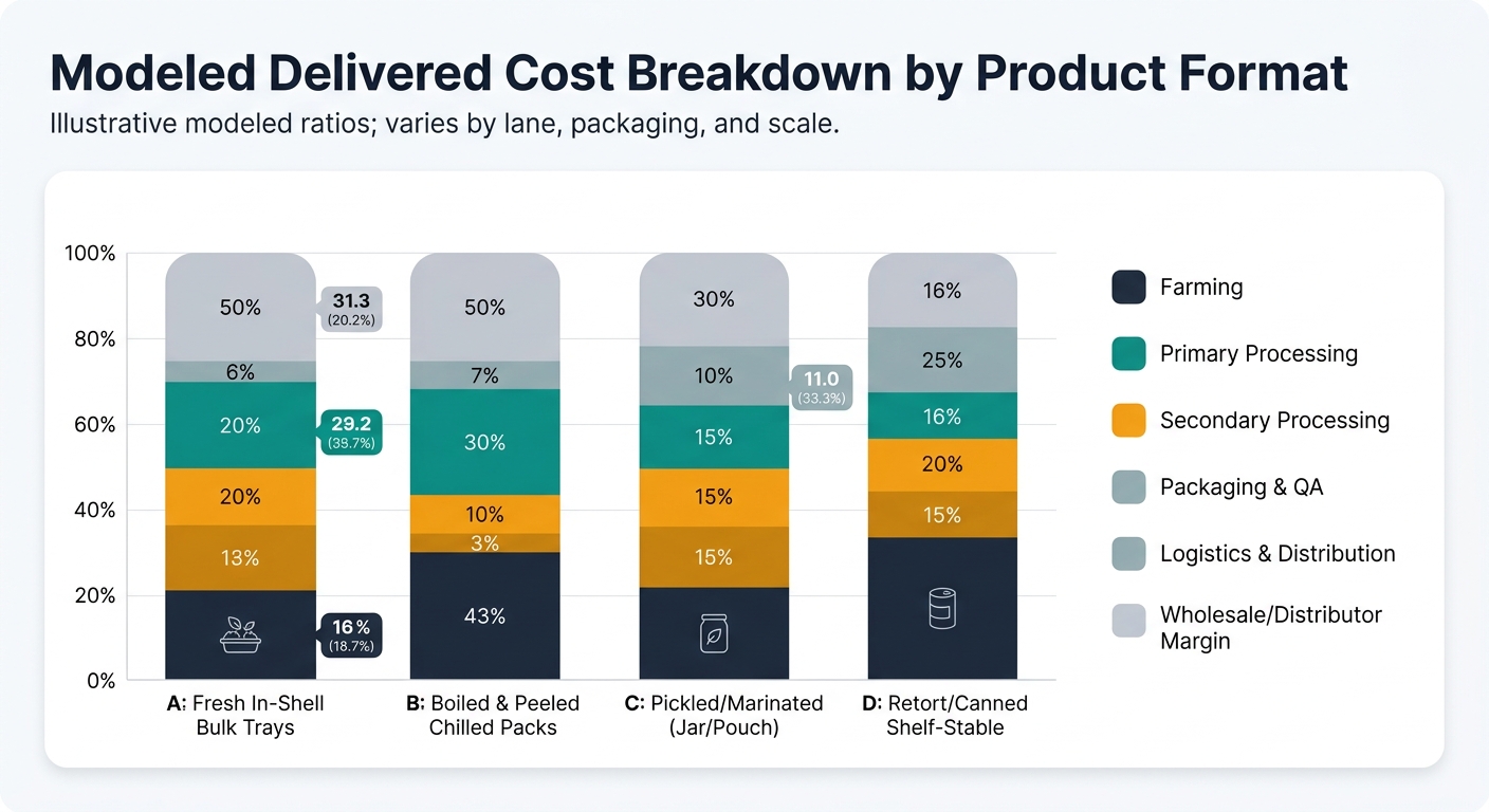 A stacked bar chart with four bars (A: Fresh In-Shell Bulk Trays, B: Boiled & Peeled Chilled Packs, C: Pickled/Marinated (Jar/Pouch), D: Retort/Canned Shelf-Stable). Each bar is segmented by cost nodes with percentages matching the tables: Farming, Primary Processing, Secondary Processing, Packaging & QA, Logistics & Distribution, Wholesale/Distributor Margin. Use consistent colors for each node across all bars and include a legend. Title and subtitle note: 'Illustrative modeled ratios; varies by lane, packaging, and scale.'