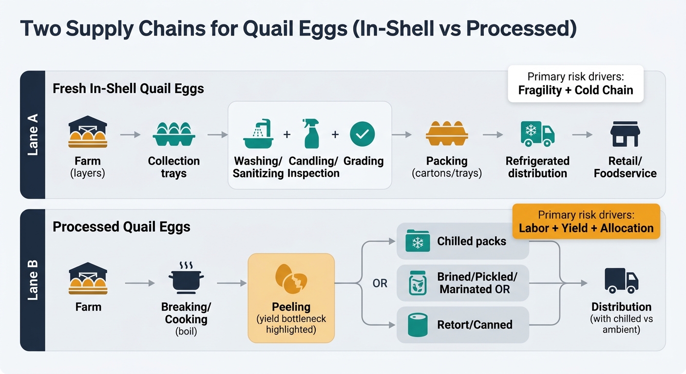 A side-by-side flow diagram with two lanes. Lane A (Fresh In-Shell): Farm (layers) → Collection trays → Washing/Sanitizing + Candling/Inspection + Grading → Packing (cartons/trays) → Refrigerated distribution → Retail/Foodservice. Lane B (Processed): Farm → Breaking/Cooking (boil) → Peeling (yield bottleneck highlighted) → Chilled packs OR Brined/Pickled/Marinated OR Retort/Canned → Distribution (chilled vs ambient called out). Add callouts for primary risk drivers: 'Fragility + Cold Chain' on Lane A and 'Labor + Yield + Allocation' on Lane B.
