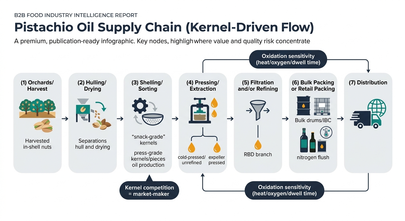 A left-to-right supply chain flow showing the key nodes and where value/quality risk concentrates: (1) Orchards/Harvest (in-shell) → (2) Hulling/Drying → (3) Shelling/Sorting (highlight “press-grade kernels/pieces” vs snack-grade) → (4) Pressing/Extraction (branch: cold-pressed/unrefined vs expeller) → (5) Filtration and/or Refining (RBD branch for refined) → (6) Bulk Packing (drums/IBCs) or Retail Packing (dark glass/tin, nitrogen flush) → (7) Distribution, with callouts for kernel competition and oxidation sensitivity.