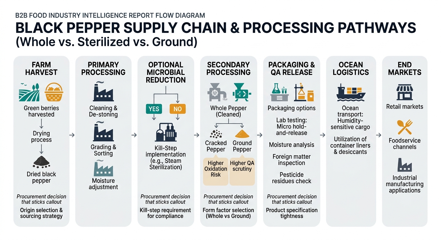 A left-to-right supply chain flow diagram showing black pepper movement and decision points from farm harvest and drying through primary processing, optional kill step (steam sterilization), secondary processing (cracked/ground) with oxidation and QA scrutiny callouts, packaging and QA release (micro hold-and-release, moisture, foreign matter, residues), ocean logistics (humidity-sensitive with liners/desiccants), and end markets, with procurement decision callouts for origin selection, kill-step requirement, form factor, and spec tightness.