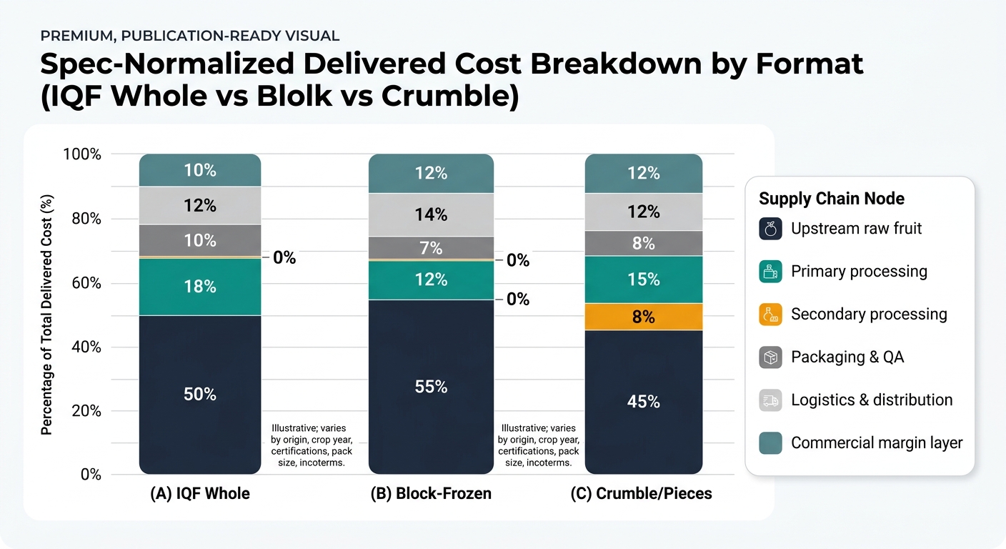 A single 100% stacked bar chart with three bars labeled (A) IQF Whole, (B) Block-Frozen, (C) Crumble/Pieces, segmented by supply chain node using the illustrative ratios: IQF 50/18/0/10/12/10; Block 55/12/0/7/14/12; Crumble 45/15/8/8/12/12, with a legend and note that results are illustrative and vary by origin, crop year, certifications, pack size, and incoterms.