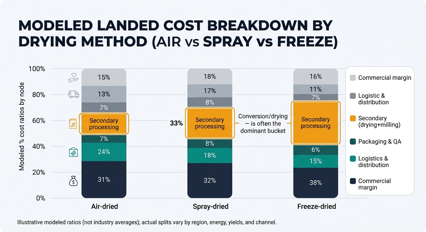 Three stacked bars (Air-dried, Spray-dried, Freeze-dried) showing the modeled % cost ratios by node: Raw material, Primary processing, Secondary processing (drying+milling), Packaging & QA, Logistics & distribution, Commercial margin. Use consistent color legend across bars. Add a visual emphasis (outline or annotation) around 'Secondary processing' to highlight that conversion/drying is often the dominant bucket, especially for freeze-dried. Include a footnote line inside the graphic: 'Illustrative modeled ratios (not industry averages); actual splits vary by region, energy, yields, and channel.'