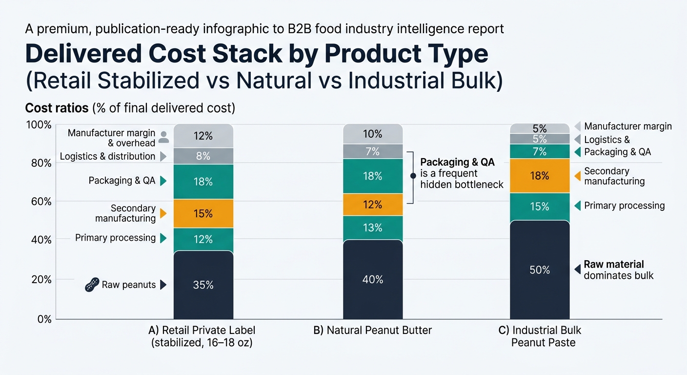 A 3-bar stacked chart comparing cost ratios (% of final delivered cost) across: A) Retail Private Label (stabilized, 16–18 oz), B) Natural Peanut Butter, C) Industrial Bulk Peanut Paste. Each bar segmented into: Raw peanuts, Primary processing, Secondary manufacturing, Packaging & QA, Logistics & distribution, Manufacturer margin & overhead. Use the article’s modeled percentages (A: 35/12/15/18/8/12; B: 40/13/12/18/7/10; C: 50/15/18/7/5/5). Add a small annotation emphasizing 'Packaging & QA is a frequent hidden bottleneck' and 'Raw material dominates bulk'.