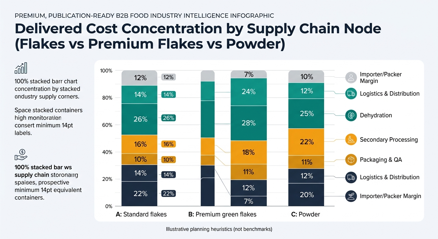 A 100% stacked bar chart comparing delivered cost concentration by supply chain node for standard flakes, premium green flakes, and powder, segmented into Farming/Harvest, Dehydration, Secondary Processing, Packaging & QA, Logistics & Distribution, and Importer/Packer Margin, using the exact percentages from the article tables and noting the figures are illustrative planning heuristics (not benchmarks).