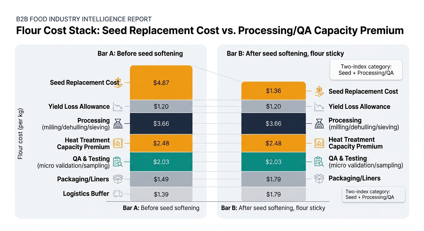 Two stacked bars comparing winged-bean flour cost components per kg before seed softening vs after seed softening with sticky flour pricing, showing seed replacement cost shrinking while yield loss allowance, processing, heat treatment capacity premium, QA/testing, packaging/liners, and logistics buffer remain relatively fixed, illustrating a two-index category (seed + processing/QA) and a resulting price floor.