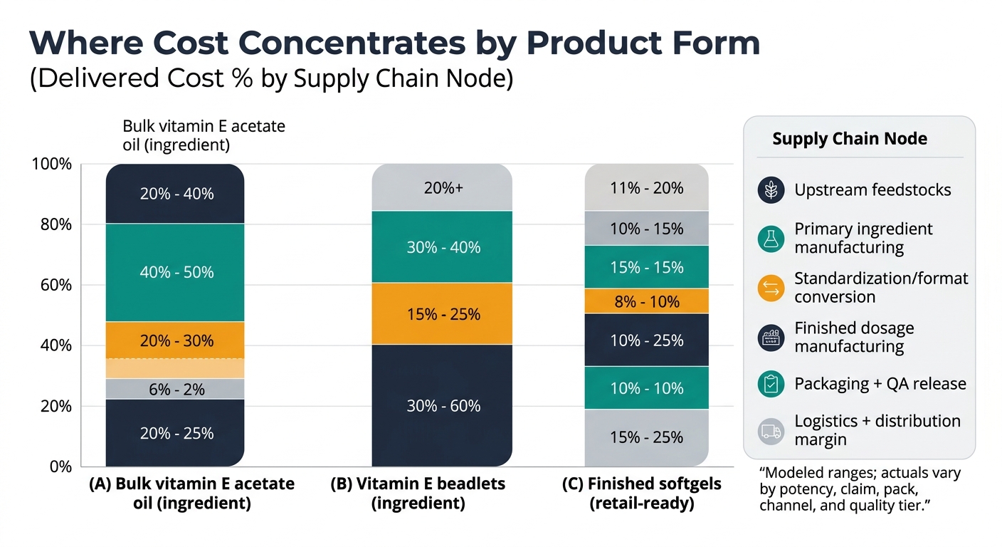 A three-column stacked bar chart comparing delivered cost concentration for bulk vitamin E acetate oil, vitamin E beadlets, and finished softgels, segmented by supply chain node (upstream feedstocks, primary ingredient manufacturing, standardization/format conversion, finished dosage manufacturing, packaging + QA release, and logistics + distribution margin) with range annotations and a note that modeled ranges vary by potency, claim, pack, channel, and quality tier.