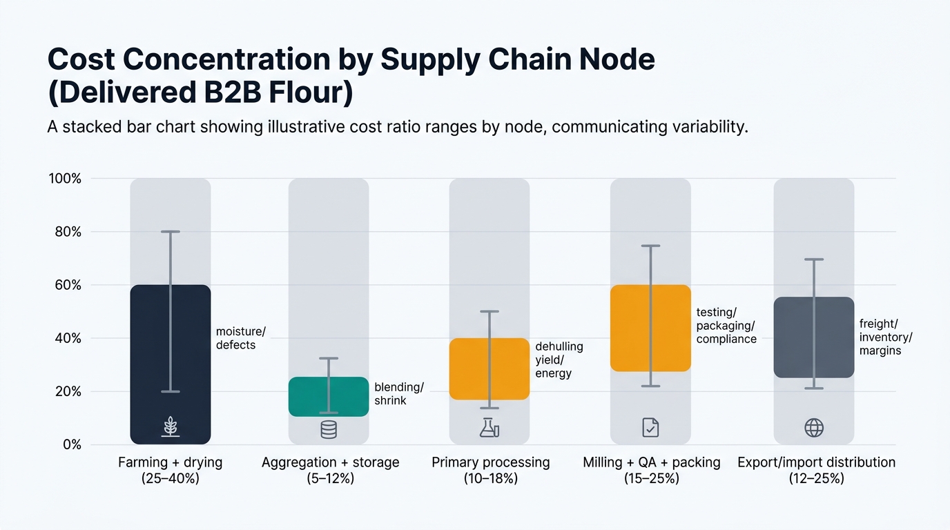 A stacked (100%) bar chart showing illustrative delivered cost ratio ranges by supply chain node: Farming + drying (25–40%), Aggregation + storage (5–12%), Primary processing (10–18%), Milling + QA + packing (15–25%), Export/import distribution (12–25%), with min–max variability indicators and brief variance-driver labels aligned to each segment.