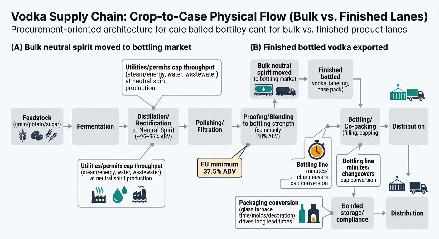 Procurement-oriented supply chain flow diagram showing two parallel lanes (bulk neutral spirit to bottling market vs. finished bottled vodka exported) from feedstock through fermentation, distillation/rectification to ~95–96% ABV, polishing/filtration, proofing to bottling strength (40% ABV with EU minimum 37.5% callout), bottling/co-packing, bonded storage/compliance, and distribution, with callouts for utilities/permits constraints, bottling line minutes/changeovers, and packaging conversion (glass furnace time/molds/decoration) long lead times.