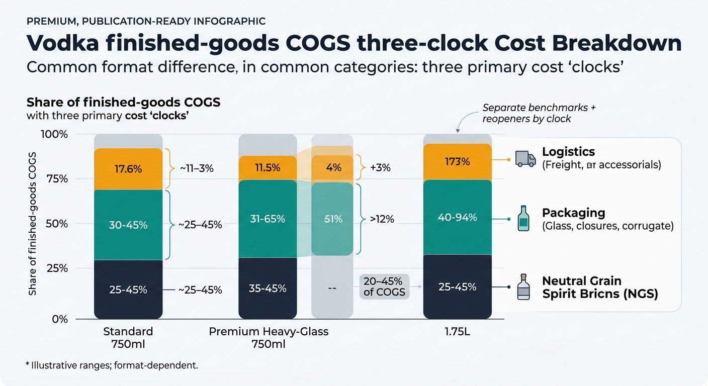 Stacked bar chart showing finished-goods vodka COGS split into three clocks—Neutral Grain Spirit (NGS), Packaging (glass + closure + corrugate), and Logistics (freight + accessorials)—with 2–3 side-by-side format scenarios (e.g., Standard 750ml, Premium/Heavy-Glass 750ml, and optionally 1.75L), emphasizing that packaging can rival or exceed NGS and can erase NGS savings; includes callout 'Separate benchmarks + reopeners by clock' and note 'Illustrative ranges; format-dependent.'