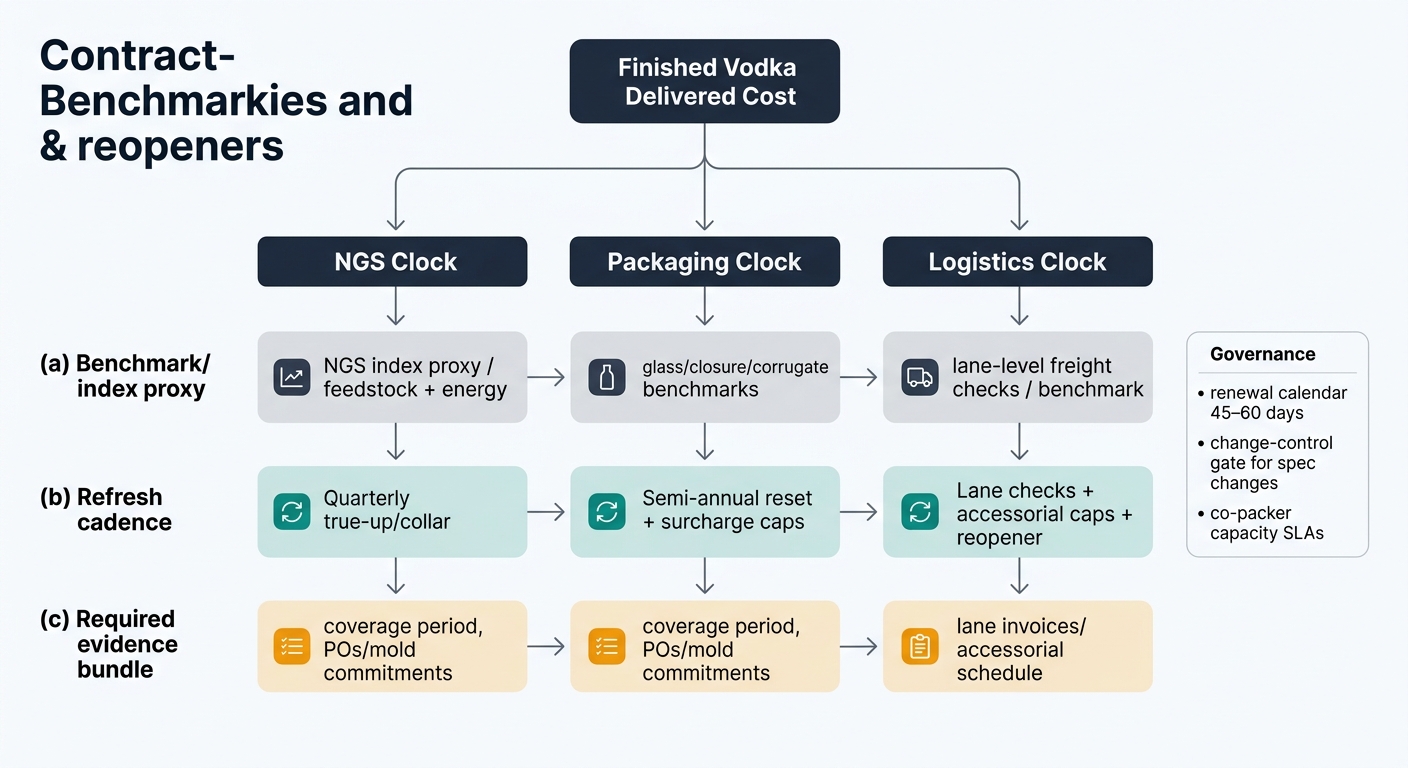 Flowchart-style contract architecture diagram mapping 'Finished Vodka Delivered Cost' into three branches—NGS Clock, Packaging Clock, and Logistics Clock—each showing benchmark/index proxy, refresh cadence (e.g., quarterly true-up/collar; semi-annual reset + surcharge caps; lane checks + accessorial caps + reopener), and required evidence bundles (coverage period, POs/mold commitments, lane invoices/accessorial schedule), plus a governance box listing renewal calendar 45–60 days, change-control gate for spec changes, and co-packer capacity SLAs.