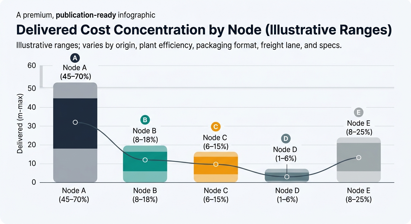 Chart visualizing delivered cost concentration by node as illustrative ranges: A (45–70%), B (8–18%), C (6–15%), D (1–6%), E (8–25%), with a subtitle noting ranges vary by origin, plant efficiency, packaging format, freight lane, and specs.
