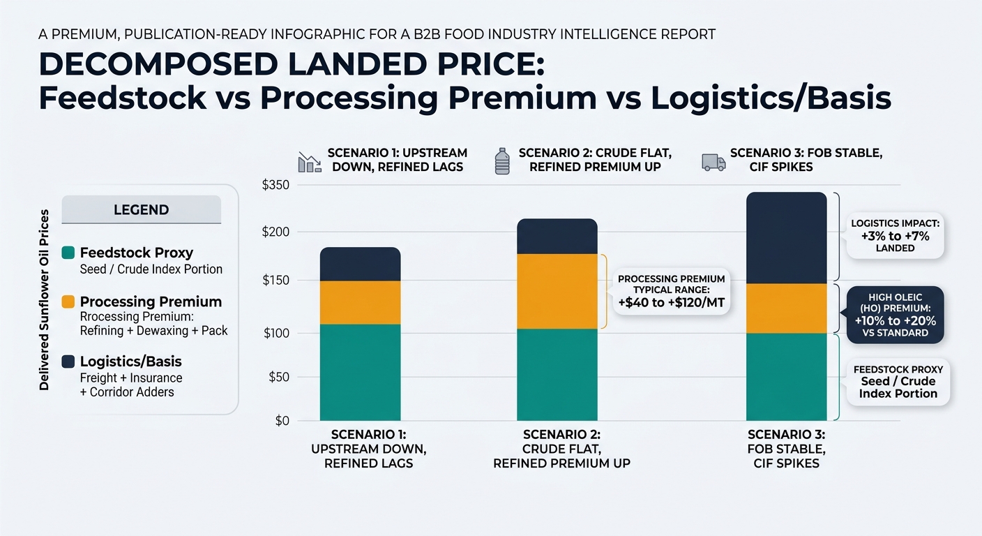 Stacked bar chart showing an illustrative delivered sunflower oil price split into feedstock proxy, processing premium, and logistics/basis, with side-by-side negotiation scenarios and labeled typical ranges (+$40 to +$120/MT processing premium, +3% to +7% logistics impact, and a HO premium +10% to +20% callout badge).