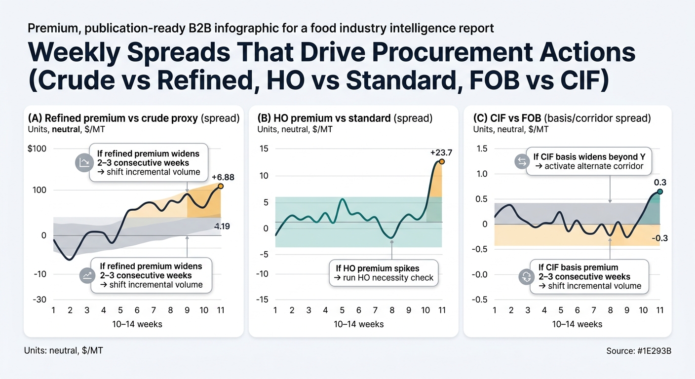 Illustrative 10–14 week time-series chart showing weekly spreads that drive procurement actions: refined premium vs crude proxy, HO premium vs standard, and CIF vs FOB basis, with shaded trigger bands and callouts for shifting volume, activating alternate corridors, and running an HO necessity check.