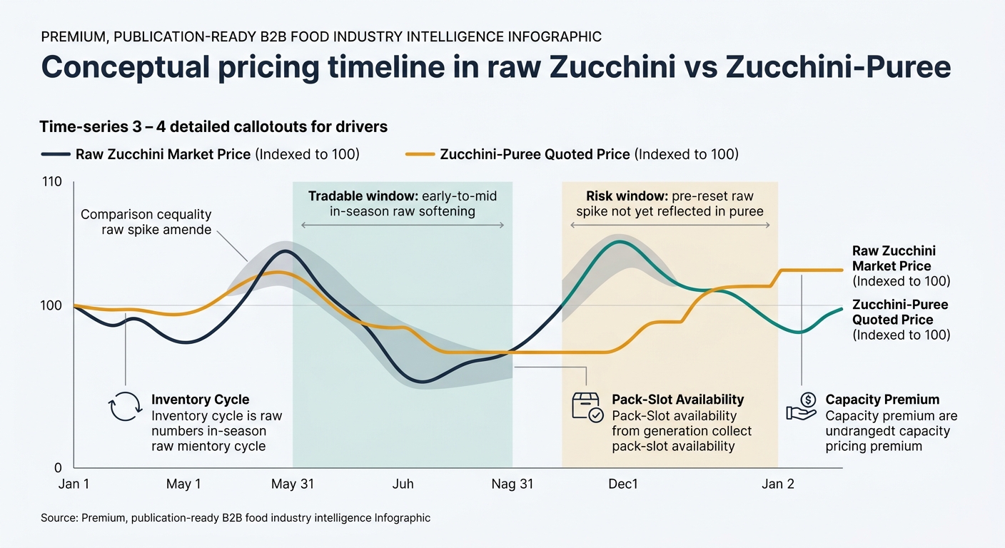 A simple time-series chart with two lines: raw zucchini market price (indexed to 100) and zucchini-puree quoted price (indexed to 100), showing raw moving first and puree adjusting later with an annotated lag window, shaded tradable and risk windows, and callouts for inventory cycle, reset terms, pack-slot availability, and capacity premium.